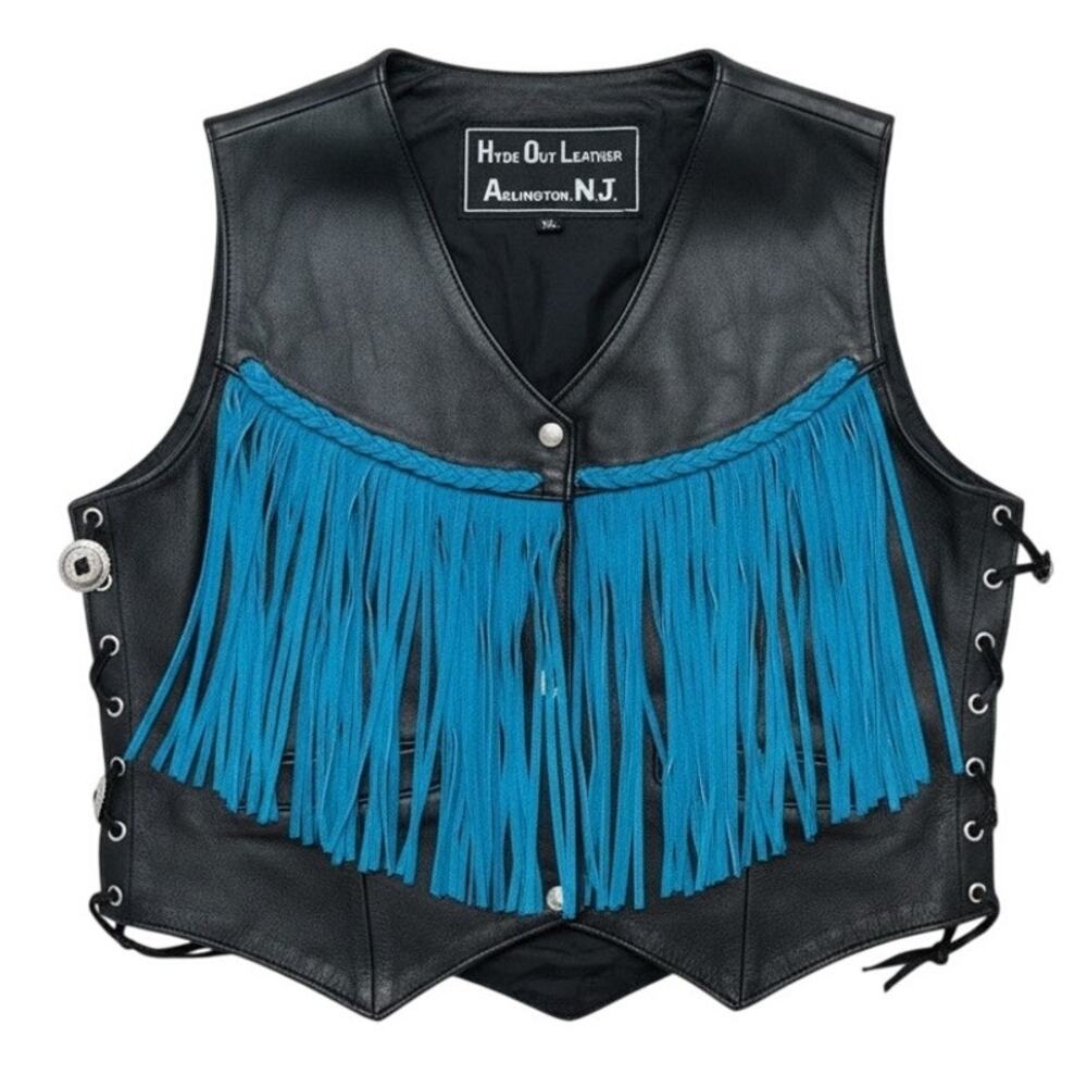 Hyde Out Leather Vintage 90s Fringe Vest Western Black XL